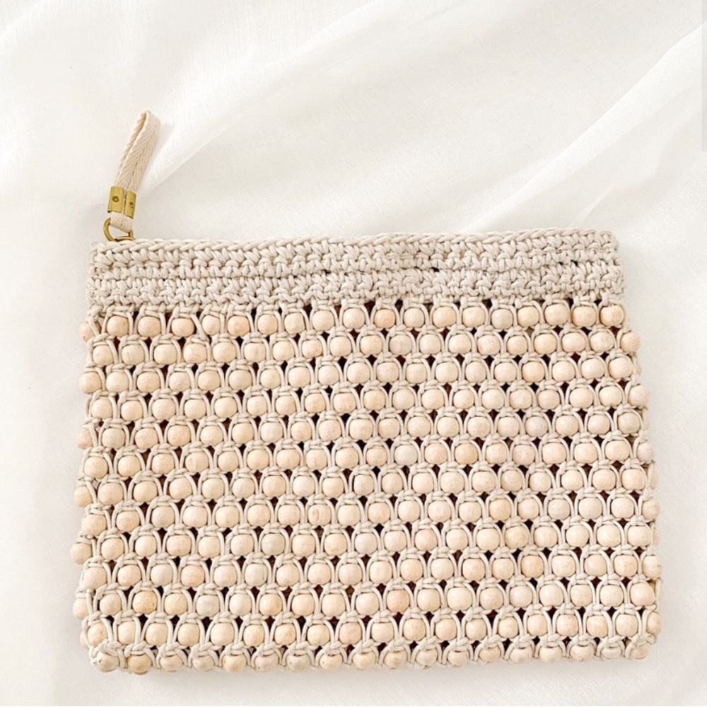MADEWELL NEW The Beaded Crochet Pouch Clutch Tan Beige